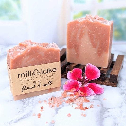 floral and Himalayan salt soap on counter