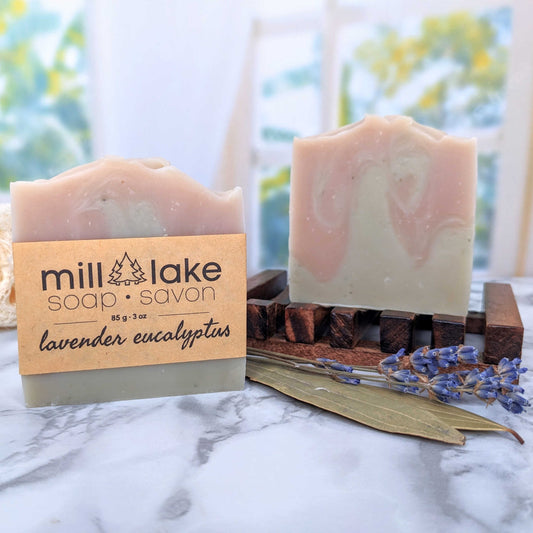 lavender and eucalyptus soap on counter