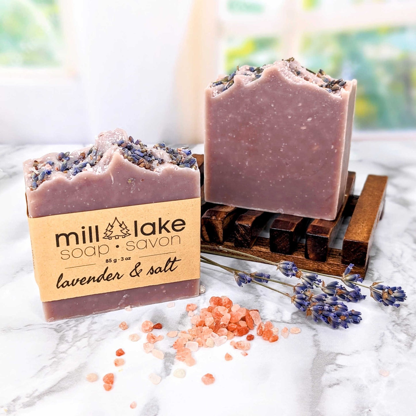 lavender and Himalayan salt soap bar on counter