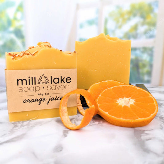 orange juice soap on counter